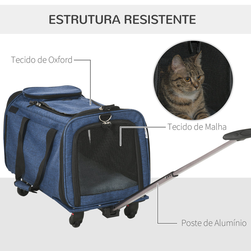 Transportadora para Animais de Estimação 4 em 1 com Rodas Bolsa de Transporte para Cães e Gatos com Cabo Telescópico de Alumínio 50x31x37 cm Azul