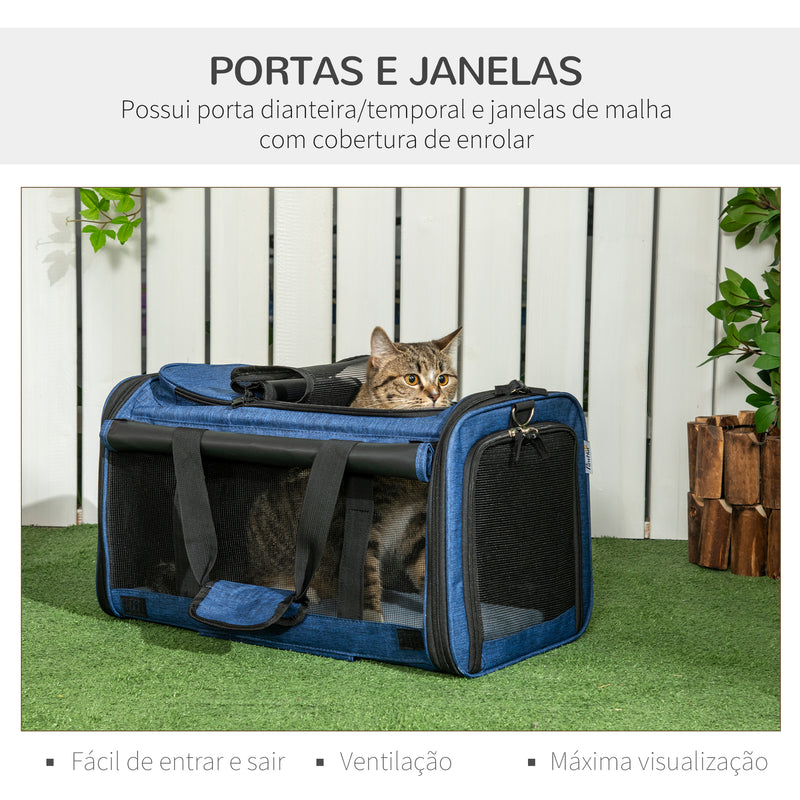 Transportadora para Animais de Estimação 4 em 1 com Rodas Bolsa de Transporte para Cães e Gatos com Cabo Telescópico de Alumínio 50x31x37 cm Azul