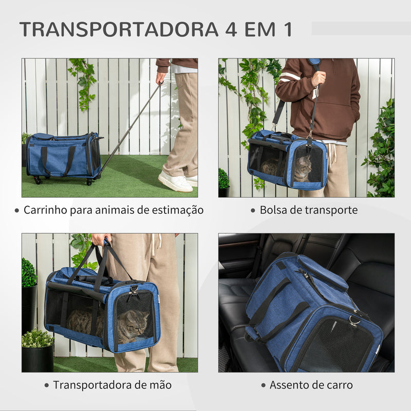 Transportadora para Animais de Estimação 4 em 1 com Rodas Bolsa de Transporte para Cães e Gatos com Cabo Telescópico de Alumínio 50x31x37 cm Azul