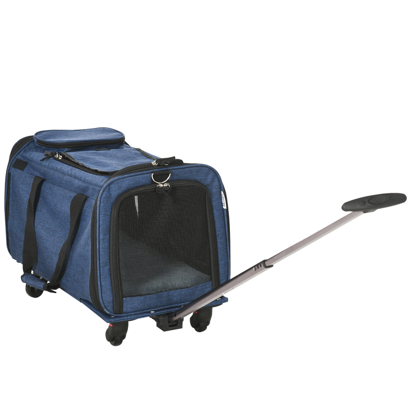 Transportadora para Animais de Estimação 4 em 1 com Rodas Bolsa de Transporte para Cães e Gatos com Cabo Telescópico de Alumínio 50x31x37 cm Azul