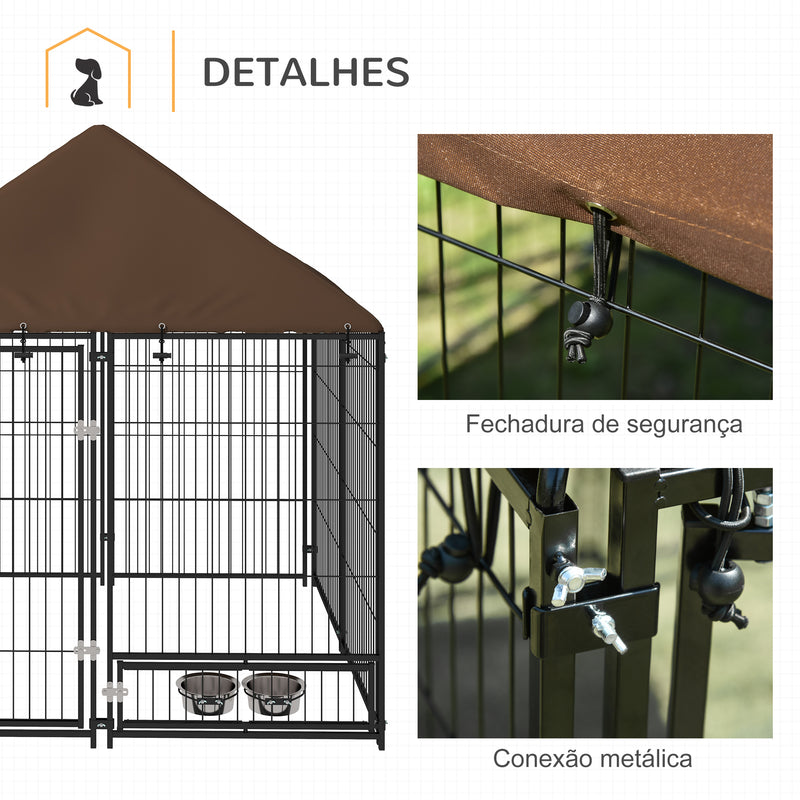 Parque para Cães com Toldo Canil para Exterior com Suporte Giratório para Comida 2 Tigelas Incluídas 141x141x151 cm Preto Marrom