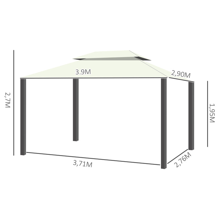 Pérgola de Jardim 4x3m Pérgola de Alumínio com Teto com Ventilação 4 Cortinas Laterais 4 Telas Mosquiteiras e 8 Orifícios de Drenagem para festas Eventos Exterior Creme