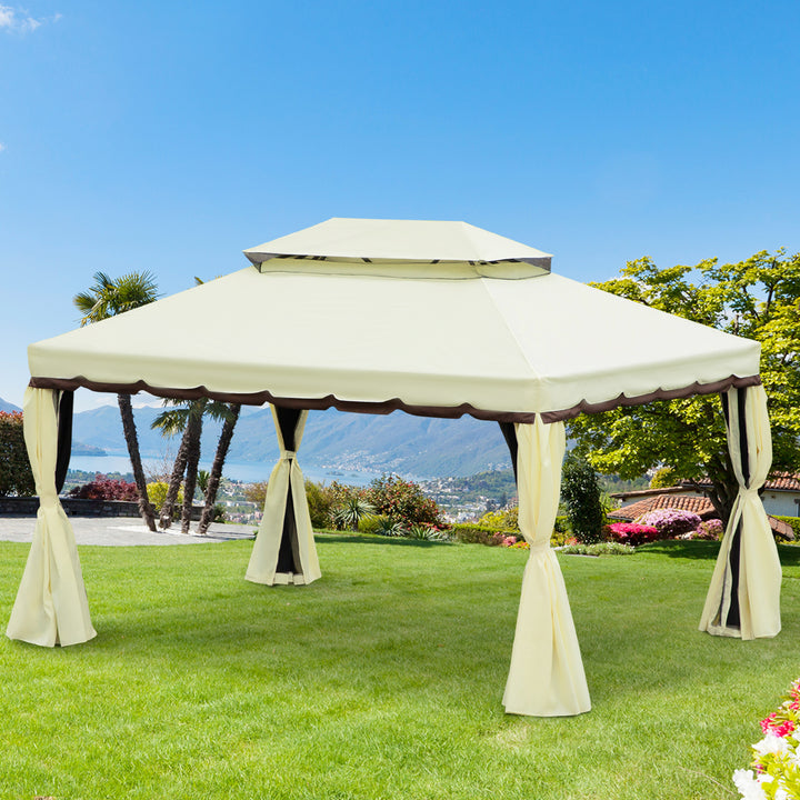 Pérgola de Jardim 4x3m Pérgola de Alumínio com Teto com Ventilação 4 Cortinas Laterais 4 Telas Mosquiteiras e 8 Orifícios de Drenagem para festas Eventos Exterior Creme