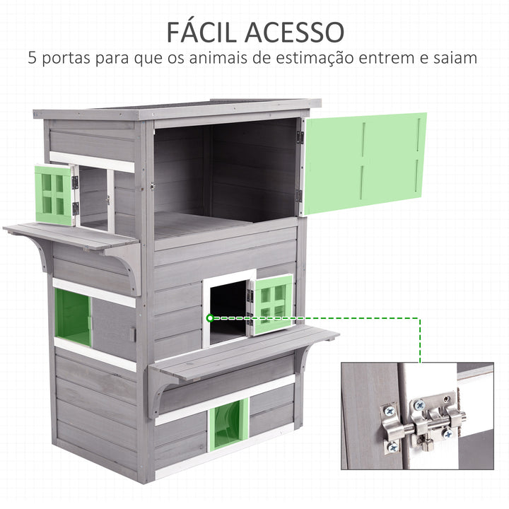 Casa para Gatos de Madeira Exterior Casa Grande para Gatos de 3 Andares com Múltiplas Entradas Janelas e 2 Plataformas para Terraço Balcão Jardim 98x68,5x122cm Cinza