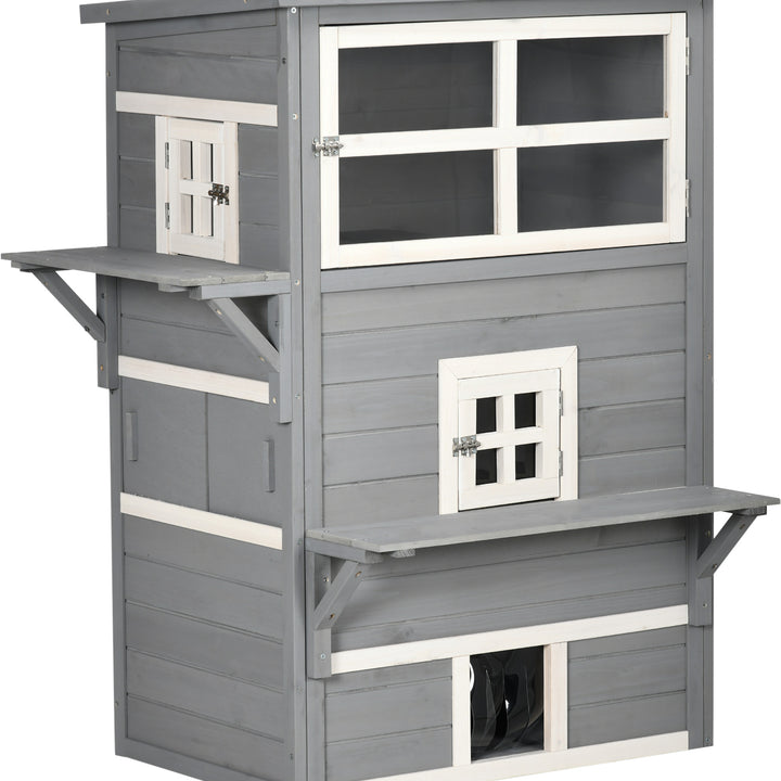 Casa para Gatos de Madeira Exterior Casa Grande para Gatos de 3 Andares com Múltiplas Entradas Janelas e 2 Plataformas para Terraço Balcão Jardim 98x68,5x122cm Cinza