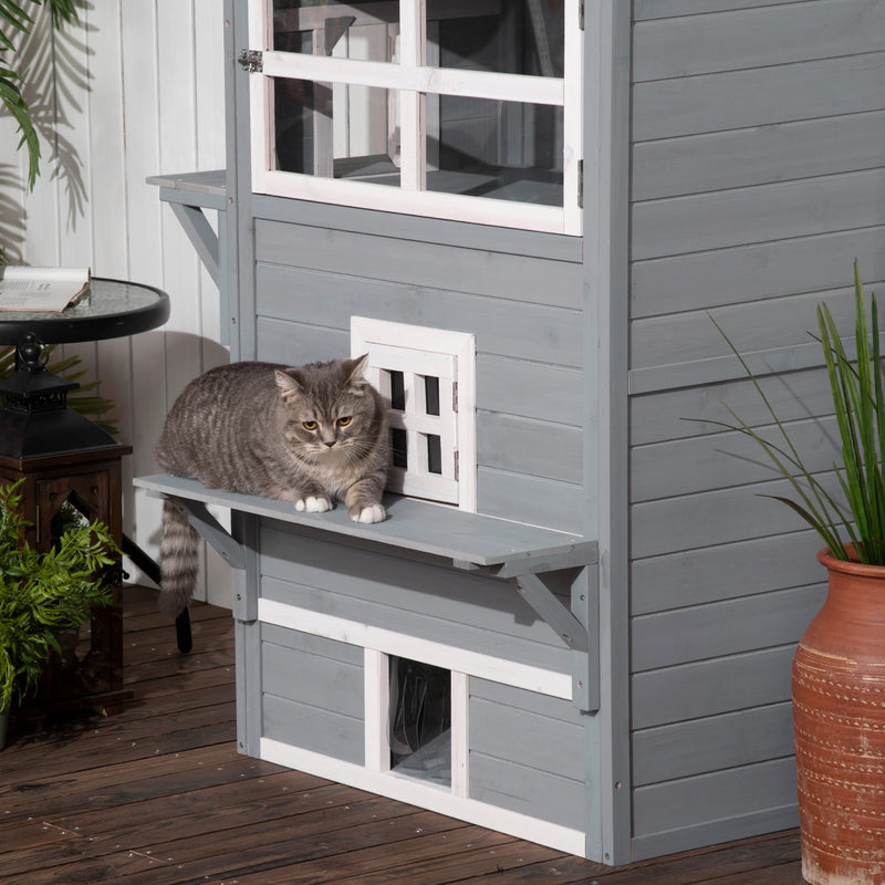 Casa para Gatos de Madeira Exterior Casa Grande para Gatos de 3 Andares com Múltiplas Entradas Janelas e 2 Plataformas para Terraço Balcão Jardim 98x68,5x122cm Cinza