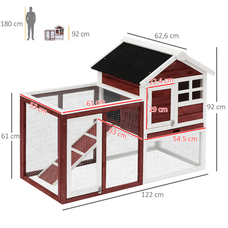 Coelheira de Madeira Exterior de 2 Níveis Gaiola para Coelhos Animais Pequenos com Zona Aberta Teto Asfáltico Bandeja Removível e Rampa 122x62,6x92cm Vermelho