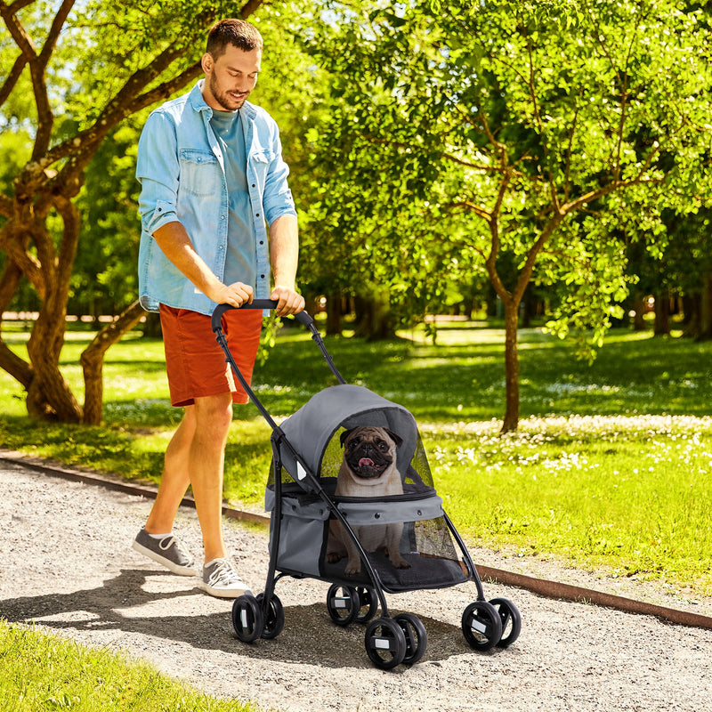 Carrinho para Animais de Estimação Dobrável Carrinho de Passeio para Cães e Gatos com Janela de Malha Almofada Lavável Arnês de Segurança e Estrutura de Aço 82x47x97cm Cinza