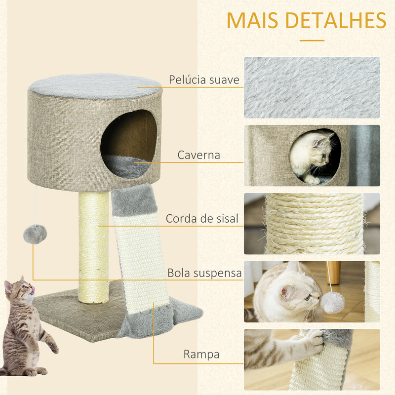 Árvore Arranhador para Gatos Pequena Altura 50cm Árvore Arranhador para Gatos com Caverna Rampa Arranhador de Sisal Natural e Bolsa Suspensa 30x30x50cm Bege Escuro