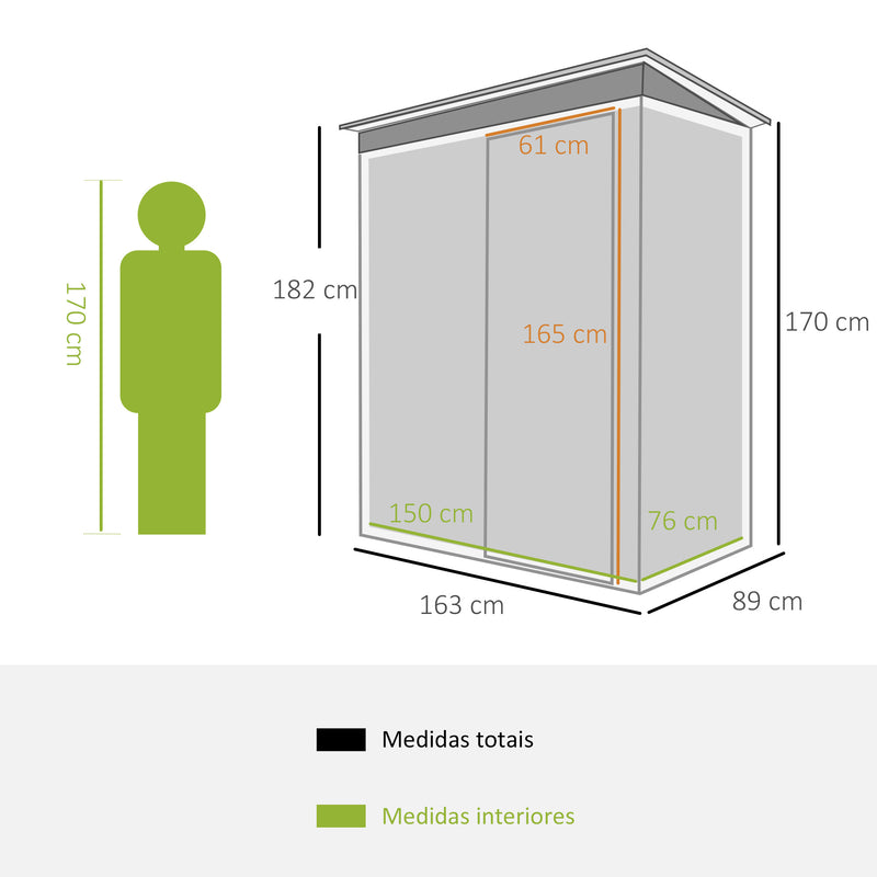 Abrigo de Jardim Exterior 1,5 m² 163x89x182 cm Abrigo Metálico para Ferramentas com Porta de Correr e Teto Inclinado para Pátio Preto