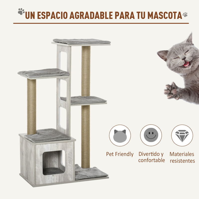 Árvore Arranhador para Gatos Arranhador de Gatos com Caverna Múltiplas Plataformas e Postes de Arranhar de Juta Brincadeira e Descanso 67x38,5x114cm Cinza