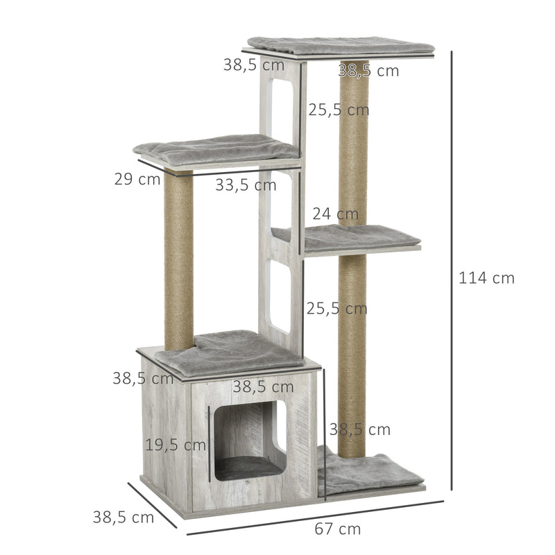 Árvore Arranhador para Gatos Arranhador de Gatos com Caverna Múltiplas Plataformas e Postes de Arranhar de Juta Brincadeira e Descanso 67x38,5x114cm Cinza