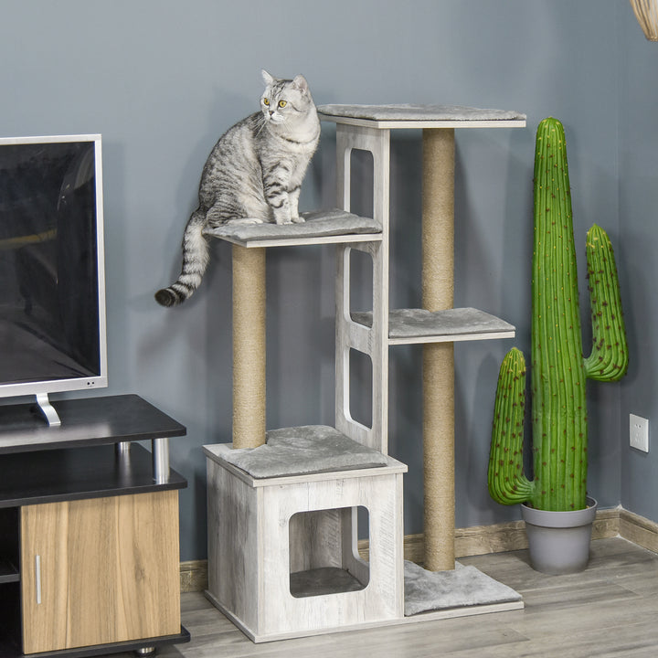 Árvore Arranhador para Gatos Arranhador de Gatos com Caverna Múltiplas Plataformas e Postes de Arranhar de Juta Brincadeira e Descanso 67x38,5x114cm Cinza