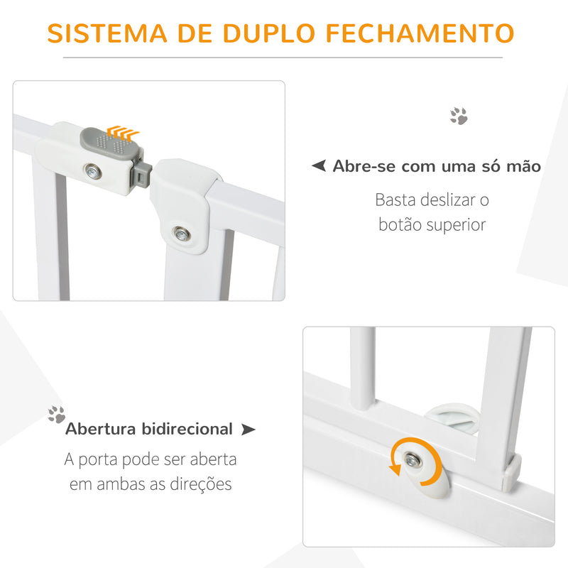 Barreira de Segurança para Cães Extensível para Escadas e Portas 75-145cm com 3 Extensões e 10 cm 20cm e 30cm Montagem a Pressão Aço Altura 76cm Branco