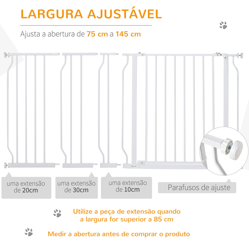 Barreira de Segurança para Cães Extensível para Escadas e Portas 75-145cm com 3 Extensões e 10 cm 20cm e 30cm Montagem a Pressão Aço Altura 76cm Branco