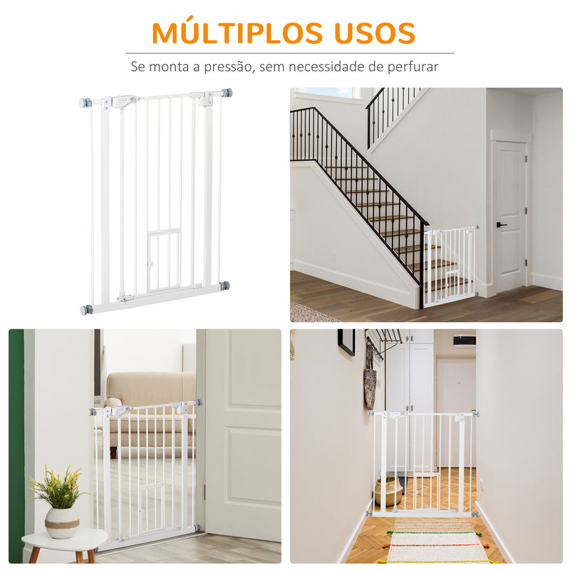 Barreira de Segurança para Cães Animais de Estimação 74-100cm para Escadas Portas e Corredores com Porta para Gatos Fechamento Automático e Sistema de Duplo Bloqueio Altura 91,4cm Branco