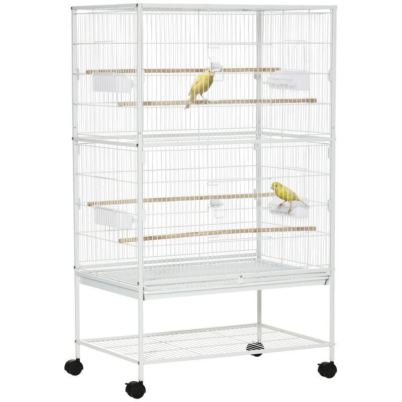 Gaiola para Pássaros com Rodas 78x52x132cm Gaiola para Pássaros Metálica com Bandeja Amovível 4 Portas 4 Comedouros 4 Poleiros e Prateleira de Armazenamento para Canários Periquitos Branco