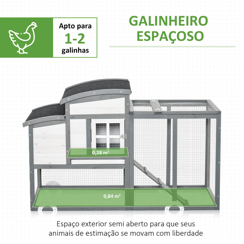 Galinheiro de Madeira para Exterior Gaiola para 1-2 Galinhas com Caixa Ninho Cercado de Arame Teto Asfáltico Bandeja Removível e Rampa 140x67x88,5cm Cinza