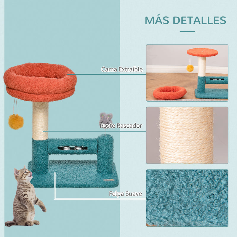 Árvore para Gatos Pequenos com Cama Removível Rolo com Sinos Poste Arranhador de Sisal Bola Suspensa e Brinquedo 37x25x45cm Azul e Laranja