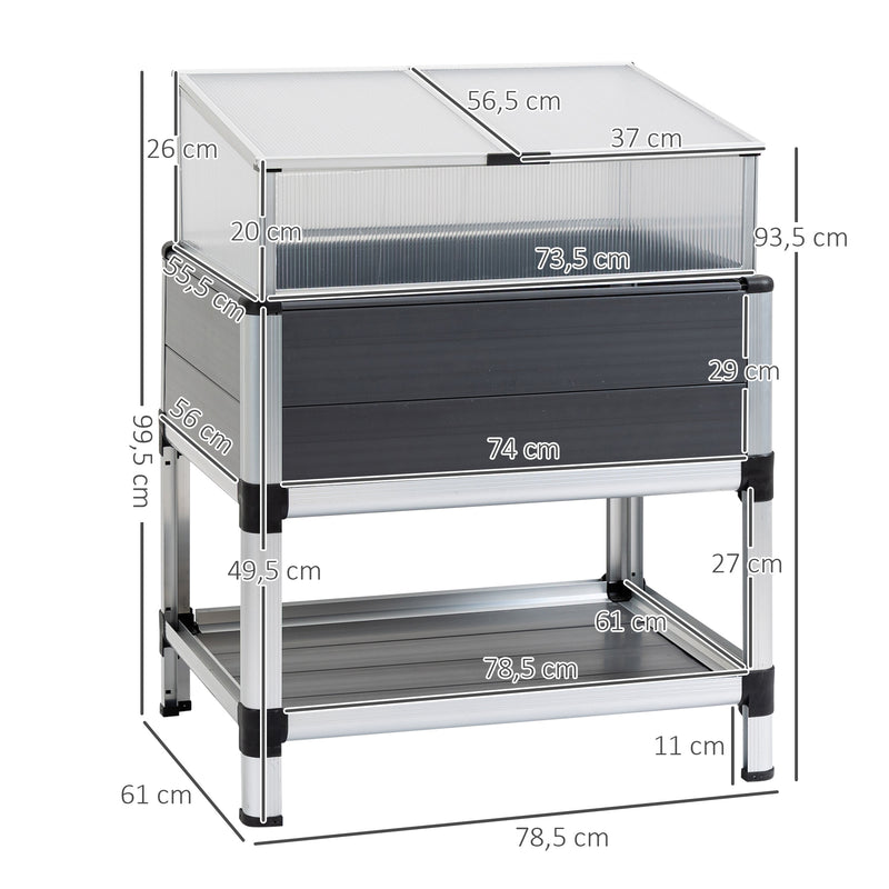 Horta Elevada de Alumínio 78,5x61x99,5 Estufa com Cobertura de Policarbonato Teto Retrátil e Prateleira Inferior para Cultivos de Plantas e Flores Cinza