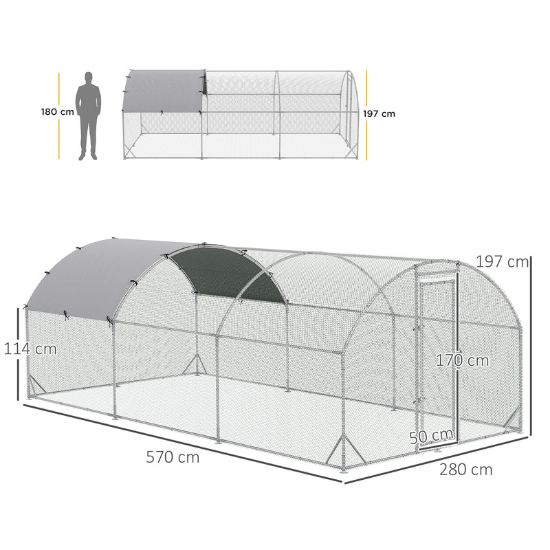 Galinheiro para Exterior Grande Gaiola de Aço Galvanizado com Teto de Tecido Oxford e Fechadura para 12-18 Galinhas Coelhos Aves 5,7x2,8x1,97cm Prata