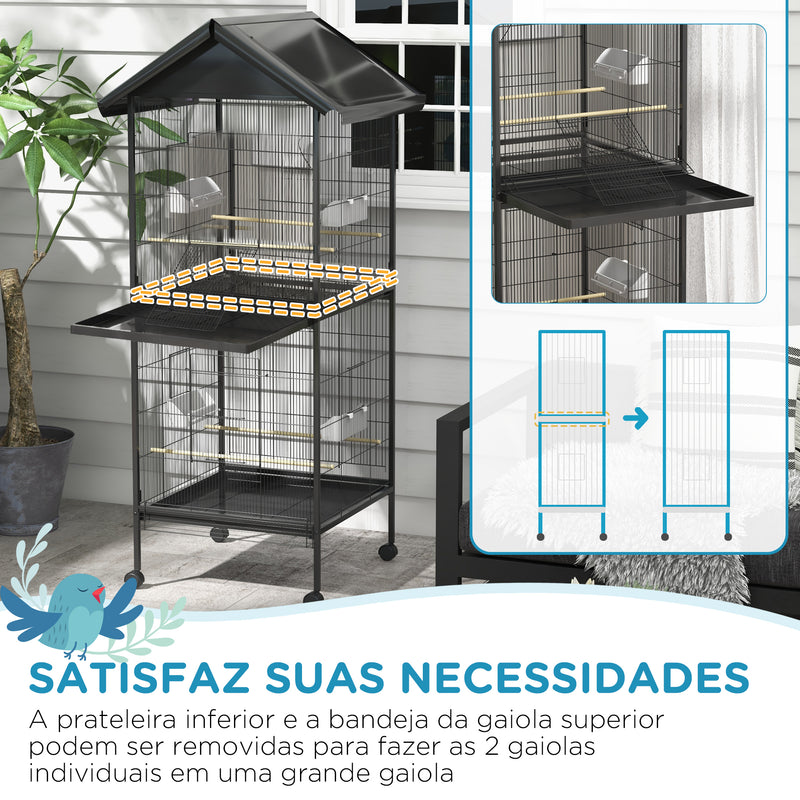 Gaiola para Pássaros 2 em 1 Gaiola de 2 Andares Convertível em Somente Uma com Rodas 4 Comedouros e 4 Poleiros e Bandejas Amovíveis para Canários 78x75x168 cm Preto