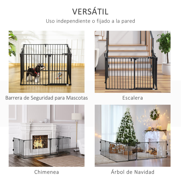Parque para Cães com 8 Painéis 60x76cm Barreira de Proteção para Animais de Estimação Dobrável com Porta e Fechadura Dupla Painéis Metálicos para Escadas Corredores Preto