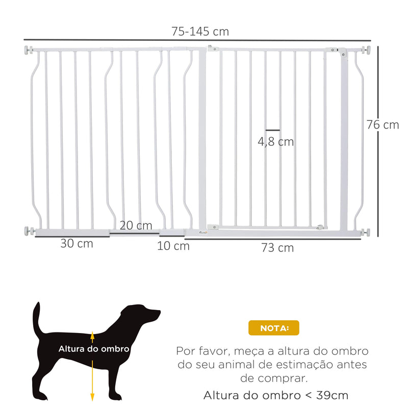 Barreira de Segurança para Cães Extensível para Escadas e Portas 75-145cm com 3 Extensões e 10 cm 20cm e 30cm Montagem a Pressão Aço Altura 76cm Branco