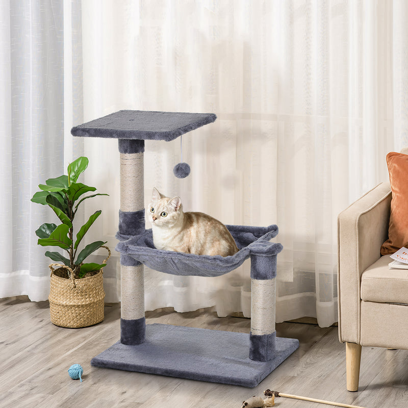 Árvore Arranhador para Gatos Torre para Gatos 50x36x70 cm Centro de Atividades com Rede Plataforma Poste de Sisal e Bola Suspensa Cinza