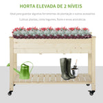 Horta urbana mesa de cultivo elevada de madeira com prateleira tecido Geotêxtil rodas com Freios portátil para Jardim 118x55x83 cm Cor Natural