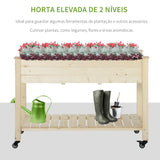 Horta urbana mesa de cultivo elevada de madeira com prateleira tecido Geotêxtil rodas com Freios portátil para Jardim 118x55x83 cm Cor Natural