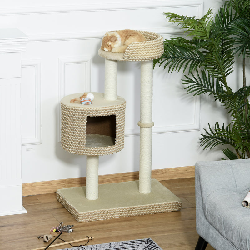 Árvore para gatos com Caverna de Pelúcia Postes de juta Plataforma confortável 61x41x96 cm Bege e Café