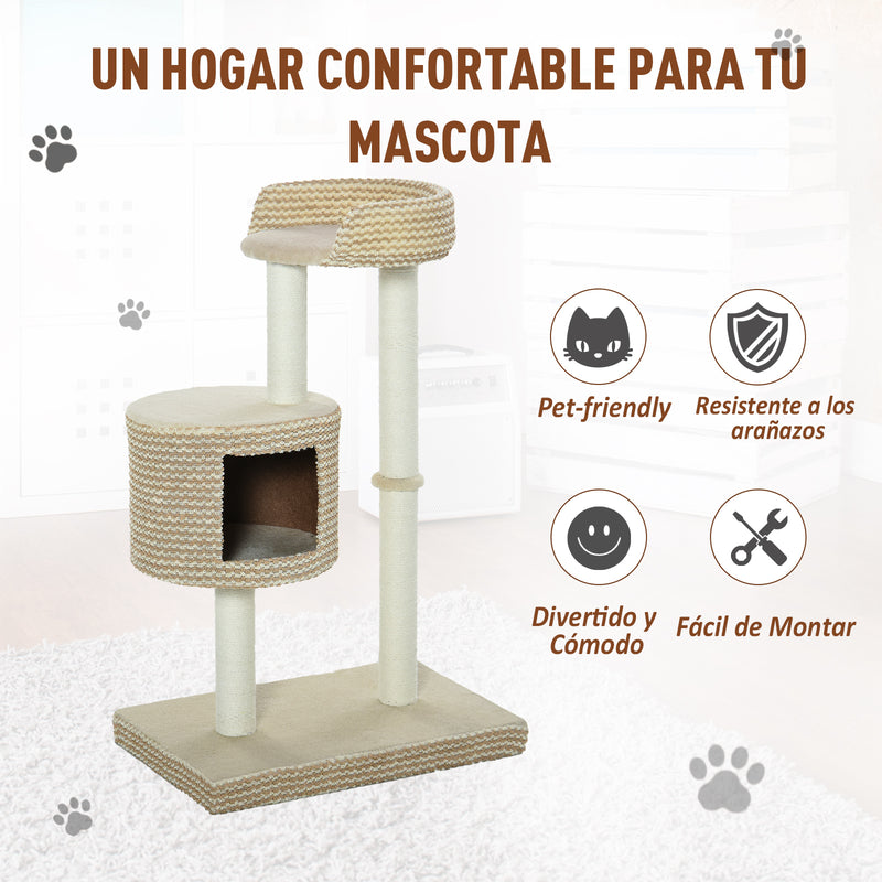 Árvore para gatos com Caverna de Pelúcia Postes de juta Plataforma confortável 61x41x96 cm Bege e Café