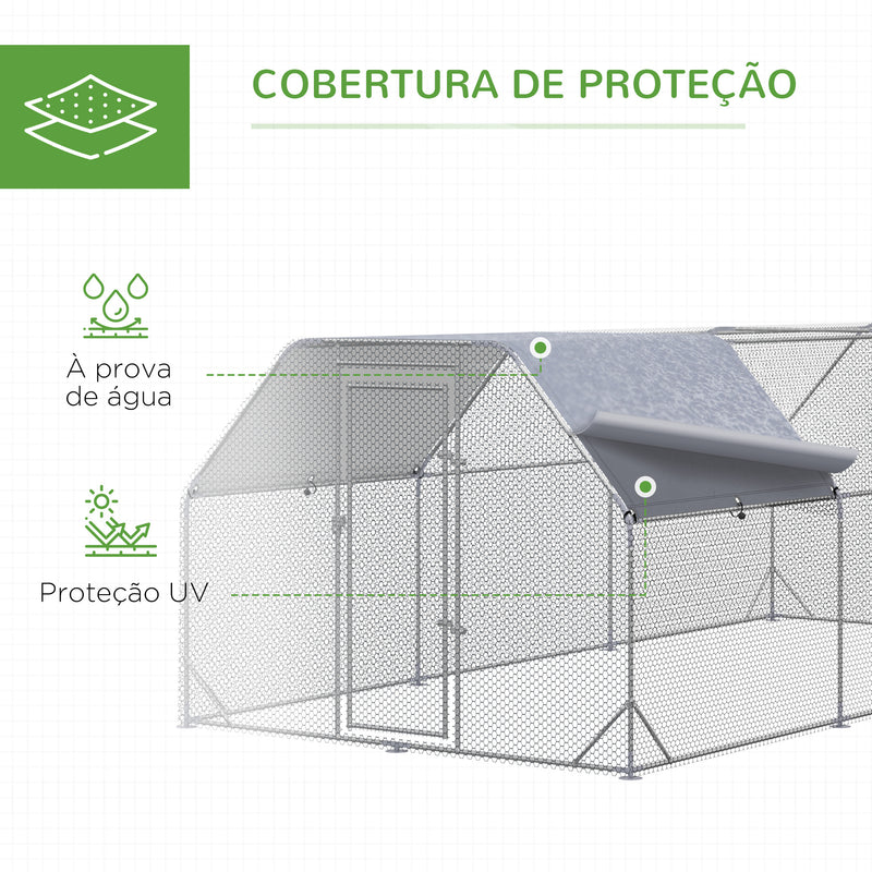 Galinheiro para Exterior Grande de Aço Galvanizado 280x570x195 cm Gaiola para Galinhas com Cobertura de Tecido Oxford Resistente aos Raios UV e Impermeável para Exterior Prata