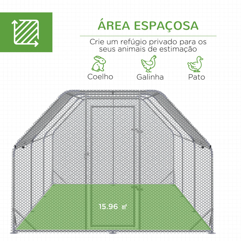 Galinheiro para Exterior Grande de Aço Galvanizado 280x570x195 cm Gaiola para Galinhas com Cobertura de Tecido Oxford Resistente aos Raios UV e Impermeável para Exterior Prata