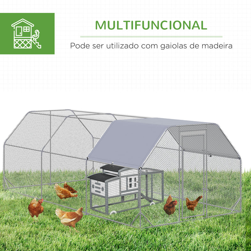 Galinheiro para Exterior Grande de Aço Galvanizado 280x570x195 cm Gaiola para Galinhas com Cobertura de Tecido Oxford Resistente aos Raios UV e Impermeável para Exterior Prata