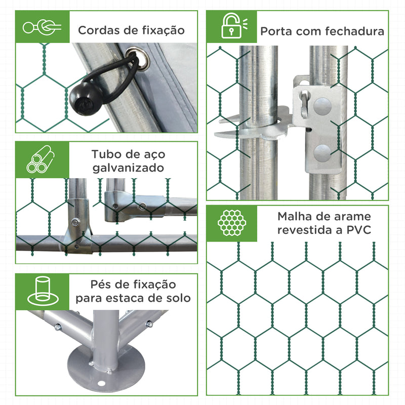 Galinheiro para Exterior Grande de Aço Galvanizado 280x570x195 cm Gaiola para Galinhas com Cobertura de Tecido Oxford Resistente aos Raios UV e Impermeável para Exterior Prata