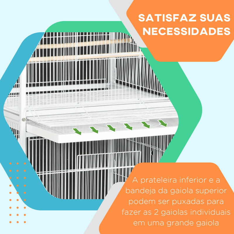 Gaiola para Pássaros 2 em 1 Gaiola de 2 Andares com Rodas 4 Comedouros 4 Poleiros e Bandejas Amovíveis para Canários Periquitos 78x75x168 cm Branco