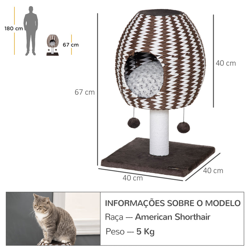 Árvore Arranhador para Gatos Altura 67cm Arranhador para Gatos com caverna Almofada Bolas Suspensas e Poste 40x40x67cm Café