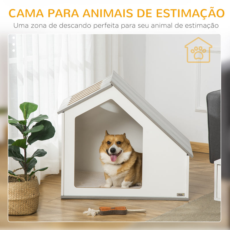 Casa de Madeira para Cães de Interior Casa para Animais de Estimação com Almofada Removível e Lavável com 5 Ventilações 84,5x54,5x75 cm Branco