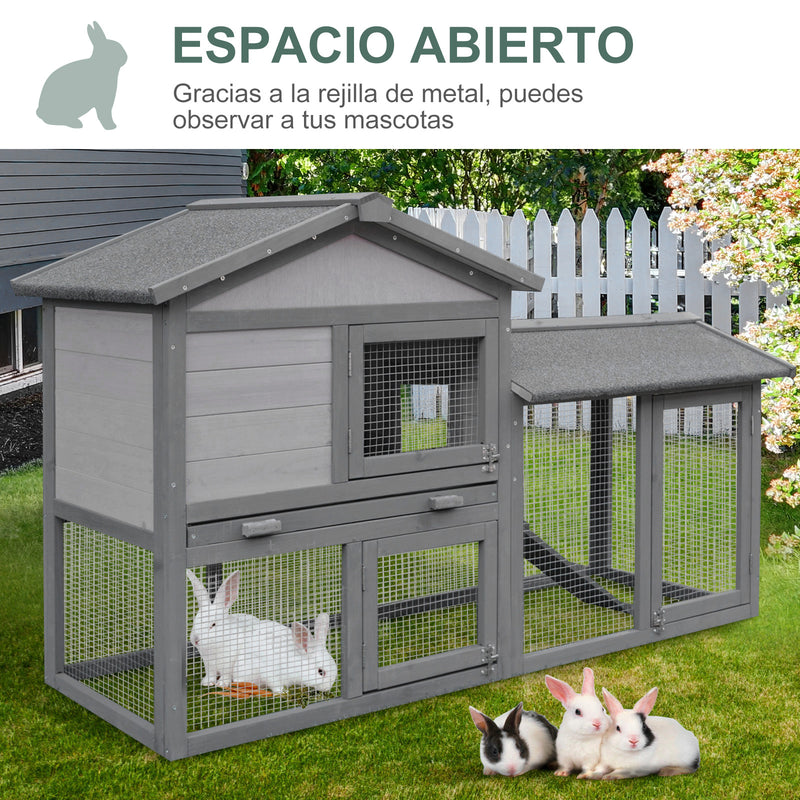 Casa para Coelhos de Madeira Coelheira para Exterior com Bandeja Removível 147x54x84cm Cinza