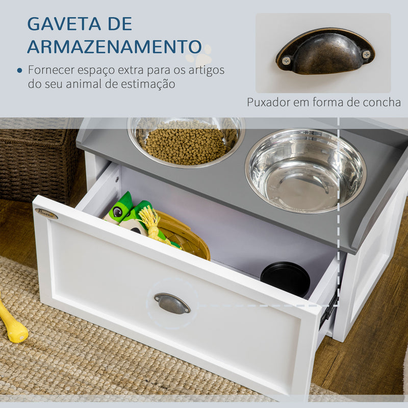 Comedouro Elevado para Cães Comedouro para Cães com 2 Tigelas 2000ml de Aço Inoxidável Gaveta Oculta com Suporte de Madeira para Animais de Estimação 60x30x36cm Branco