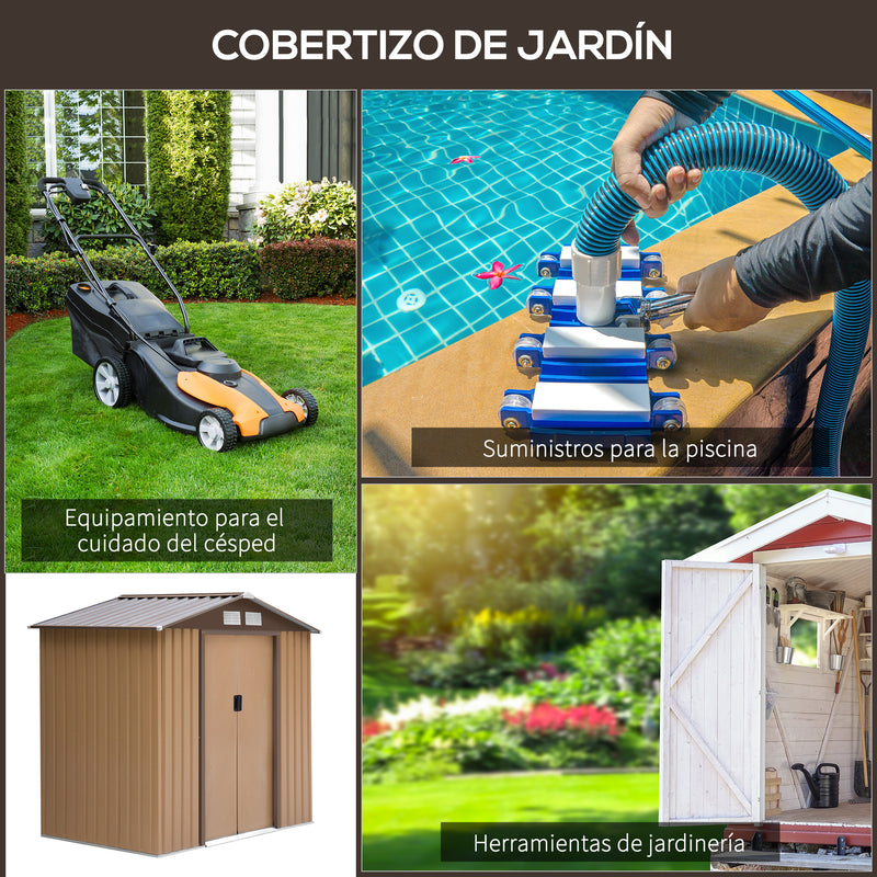 Galpão de jardim de aço com porta deslizante e ventilação para armazenamento de ferramentas 213x127x185 cm marrom