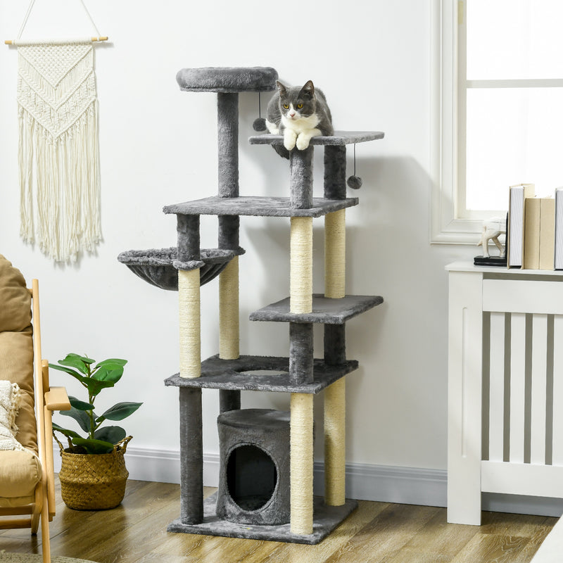 Arranhador para Gatos Grande 144 cm Torre para Gatos com Poste de Arranhar de Sisal Cama Caverna Plataformas e Bolas Suspensas 49x49x144 cm Cinza