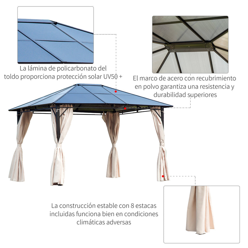 Gazebo de jardim 3,65x3 m Pavilhão de aço com telhado de policarbonato de 6 mm Proteção UV 50+ e 4 cortinas laterais Bege