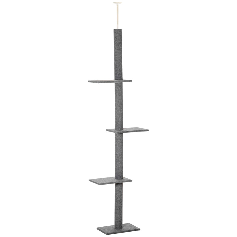 Arranhador para Gatos de Chão ao Teto 43x27x228-260 cm Torre para Gatos com Altura Ajustável 4 Plataformas e Poste de Sisal Cinza