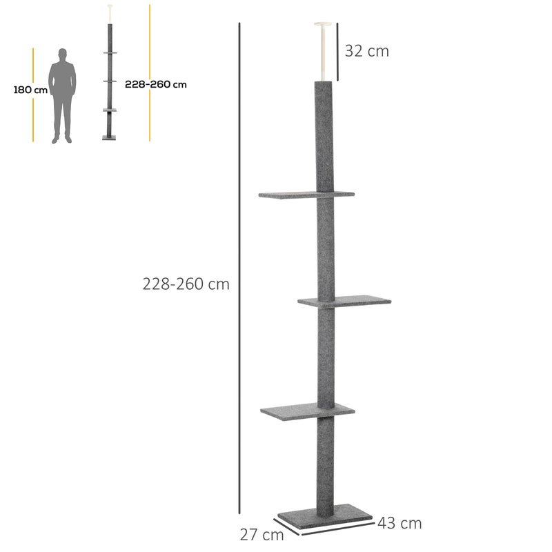 Arranhador para Gatos de Chão ao Teto 43x27x228-260 cm Torre para Gatos com Altura Ajustável 4 Plataformas e Poste de Sisal Cinza