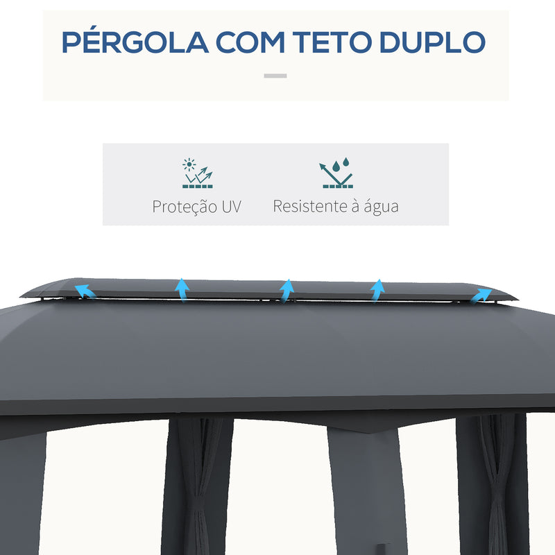 Pérgola de Jardim 3x6m Pérgola de Exterior com Teto Duplo 6 Telas Mosquiteiras com Zíper e Estrutura de Metal para Festas Eventos Pátio Cinza Escuro