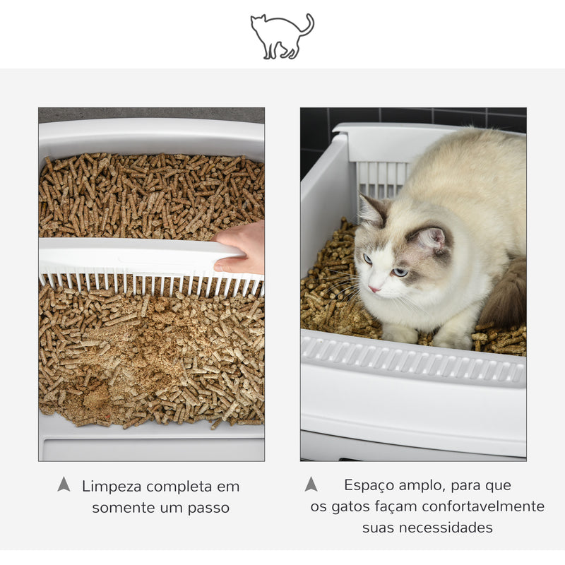 Caixa de Areia para Gatos Caixa de Areia Aberta Semi-Automática com Botão Ancinho Bandeja Removível e Borda Alta 62x46,5x19,5cm Branco