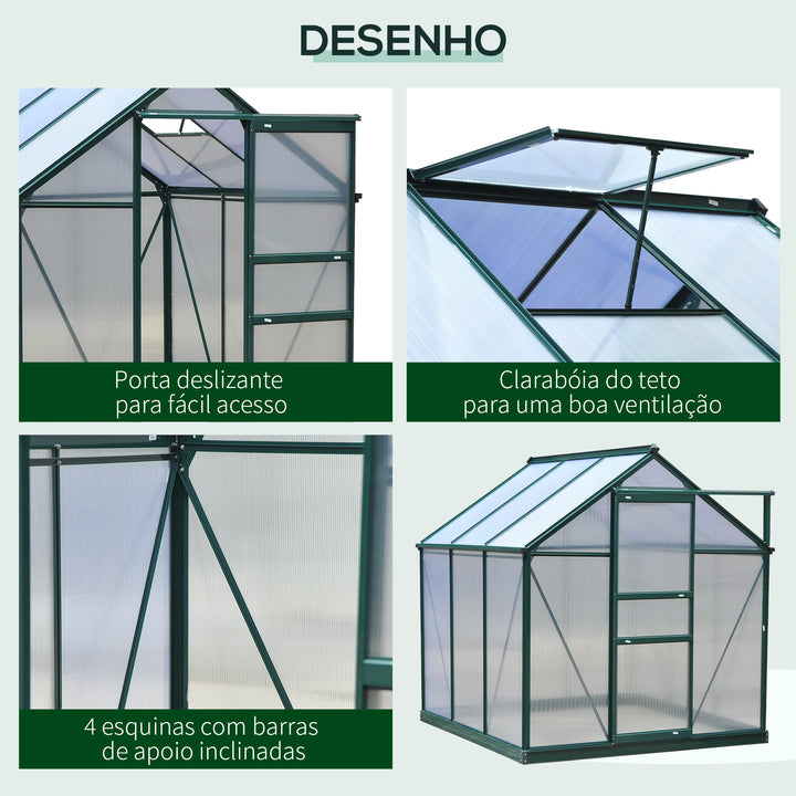 Estufa de Jardim 2x2,m de Policarbonato e Alumínio Estufa com Clarabóia Proteção UV 30 e Base 3,65 m² para Vasos Cultivos de Plantas e Flores Transparente